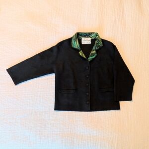 Vtg Italian Prima Donna 100% Wool Black & Green Button Down Sweater Jacket Sz10P